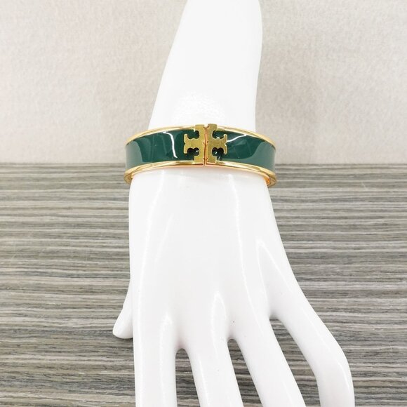 Tory Burch Enameled Kira Logo Hinged Bracelet Gold/ Green OS - Picture 5 of 12